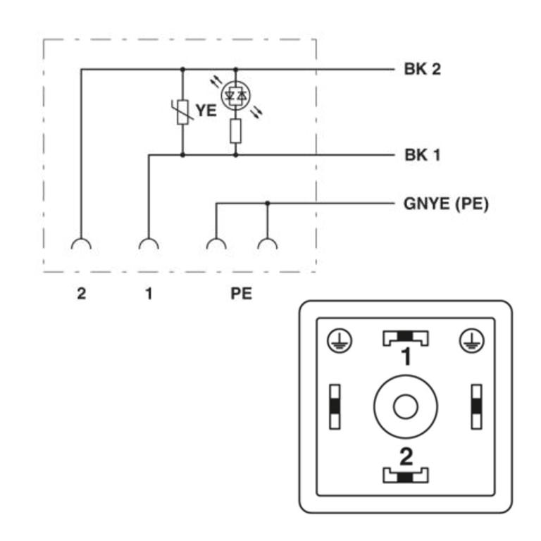 Connecteur précâblé forme A pour électrovanne, 230V AC/DC, LED +